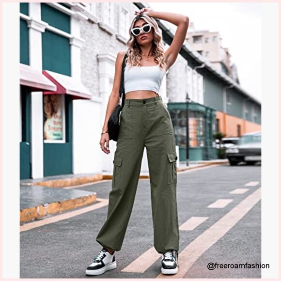 High Waisted Cargo Pants Wide Leg 6 Pocket Combat Military Trousers - Picture 2 of 7